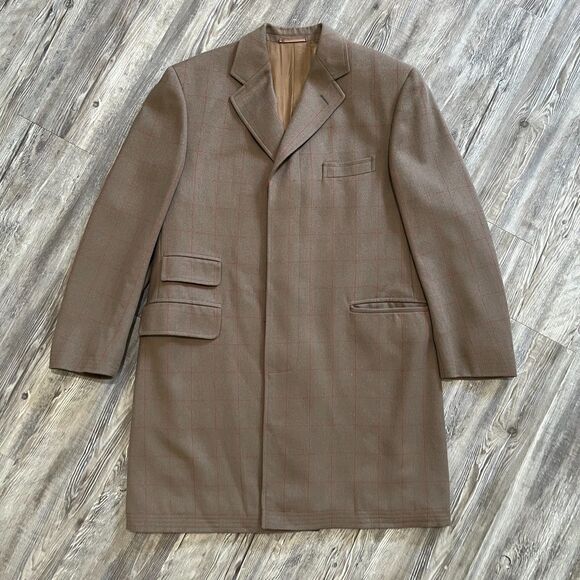 Façonnable Made in Italy Virgin Wool Brown Windowpane Overcoat Men’s Size 52R Eu - Picture 1 of 13